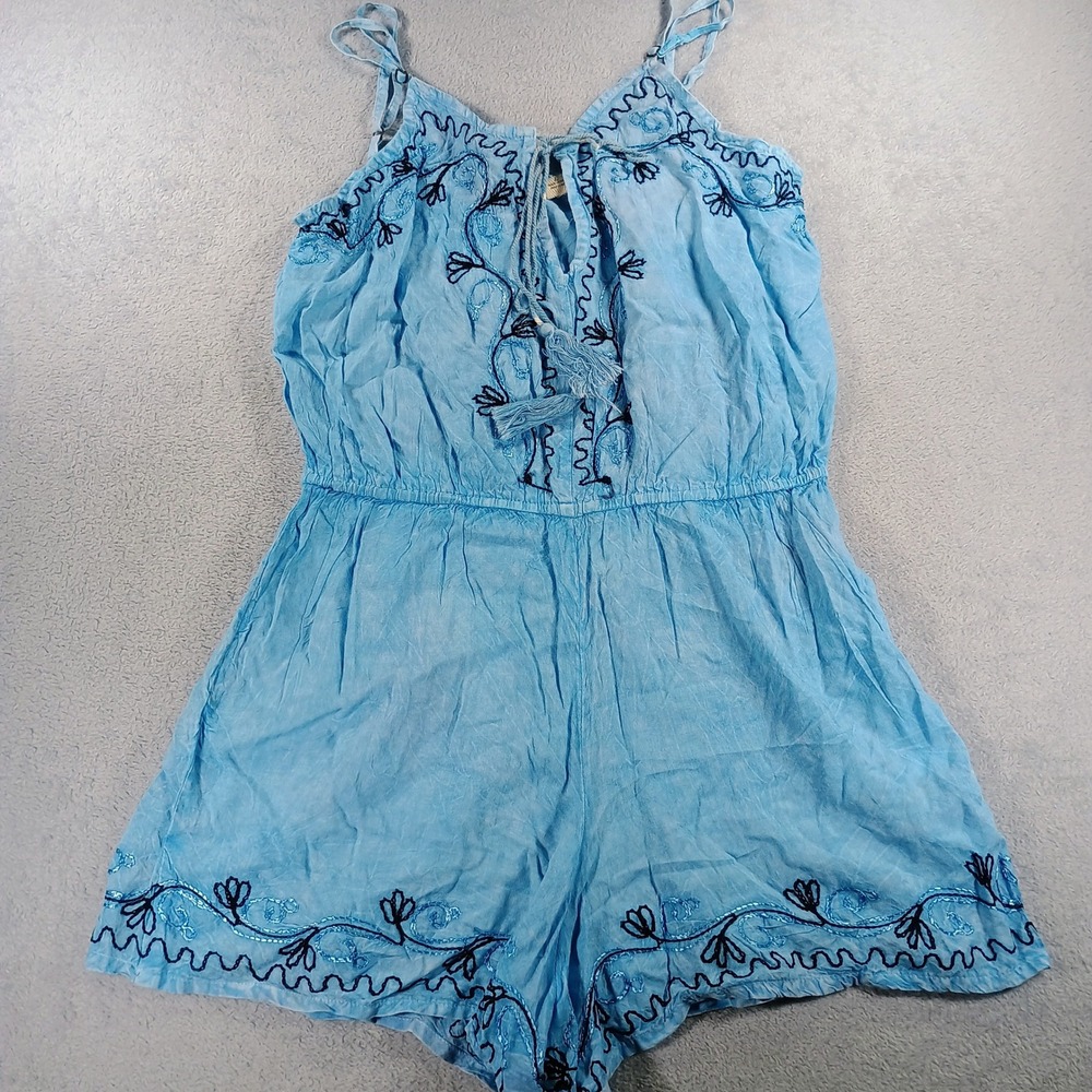 Beach by Exist Women Romper Light Blue Large Embroidered Tassel Boho